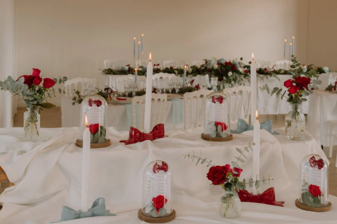 plan de table sous cloche avec noeud